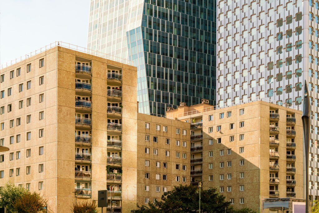 Modern urban skyline of La Defense with a mix of residential and commercial